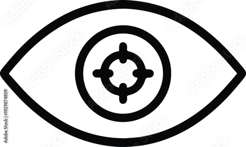 Line art icon of an eye with a crosshair target in the pupil, representing vision, focus, targeting, and observation concept