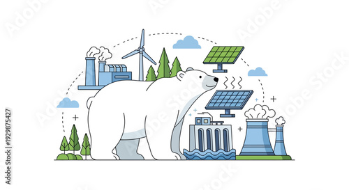Polar bear amidst eco-friendly industrial landscape with renewable energy sources and sustainable practices