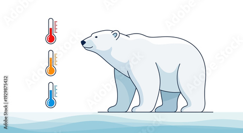 A polar bear standing on ice observing rising temperatures indicated by four thermometers in a simple illustration
