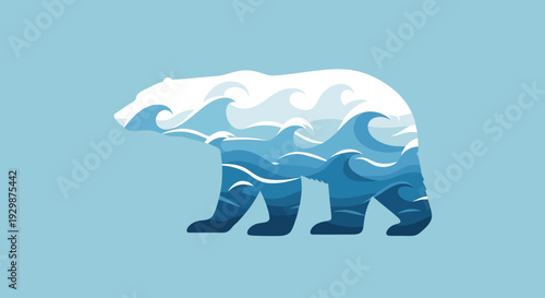 Illustration of polar bear with wavy ocean pattern on blue
