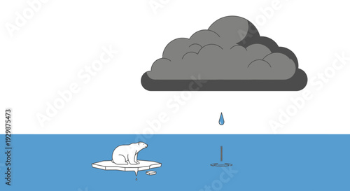 A surfer rides a wave beneath a gray cloud with a single raindrop falling towards the ocean's surface.