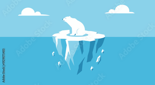 Polar bear standing on iceberg floating in icy waters, serene arctic landscape, vibrant blue hues, illustration, distant clouds visible