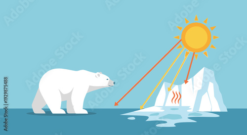Polar bear standing on ice melting due to global warming effects
