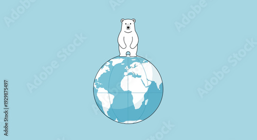 Polar bear standing on top of a blue and white globe representing earth from a front viewpoint