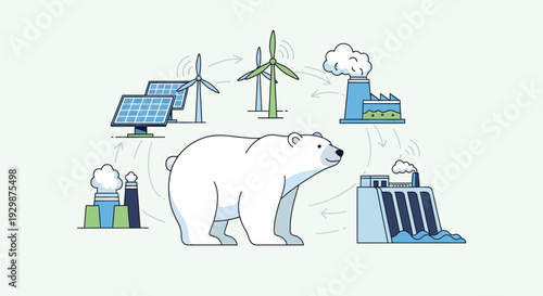 Polar bear surrounded by renewable energy sources and industrial elements in a futuristic illustration