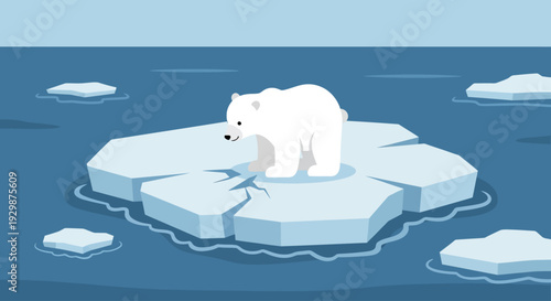 Polar bear standing alone on melting iceberg in arctic ocean waters, illustration from a distant viewpoint