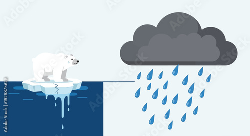 Polar bear on melting iceberg with rain cloud illustration showing climate change impact