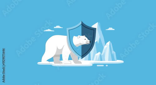 Polar bear standing beside shield on iceberg with icy landscape