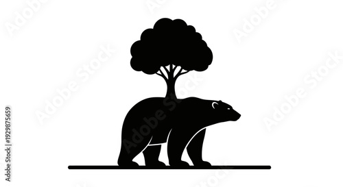 A black bear walking under a tree in a serene landscape view from the side