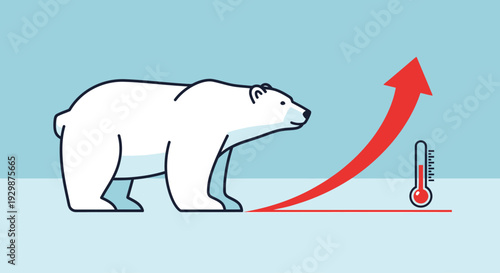 Polar bear standing on ice observing rising temperature indicated by thermometer and red arrow
