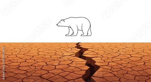 Polar bear stands on cracked dry ground, illustrating climate change effects on wildlife in a desolate landscape from a side view