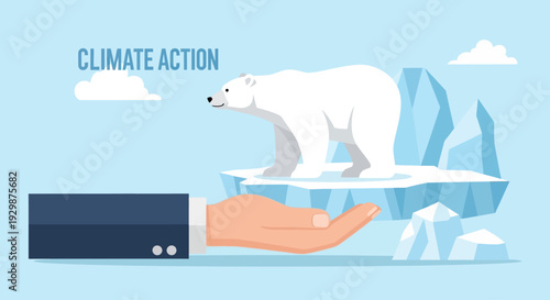 Hand supporting polar bear on ice floe amidst climate change illustration from a distant viewpoint