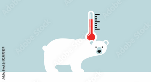 A white polar bear stands with a thermometer showing high temperature above it on a plain surface