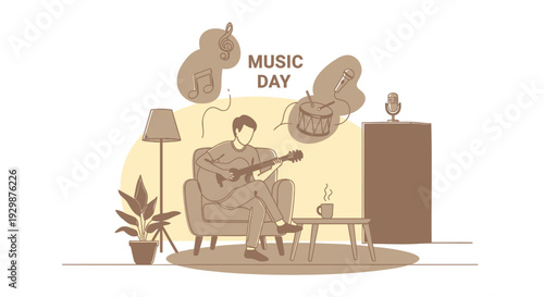 Vector illustration of man playing guitar at home on Music Day