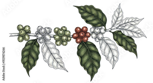 Coffee Branch with Ripe and Unripe Beans, Botanical Illustration