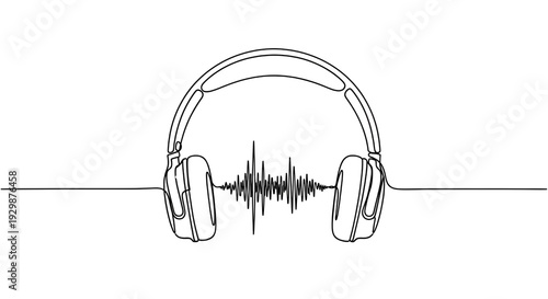 Continuous Line Drawing of Headphones with Sound Wave