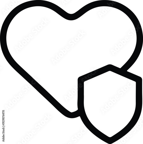 Outline icon of a heart with a shield, representing health protection, security, and medical insurance concept, simple black line art