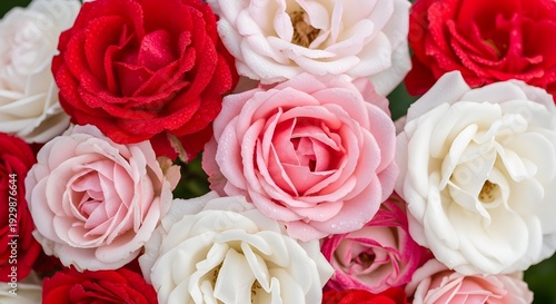 A vibrant bouquet of roses featuring red, pink, and white blooms in full glory