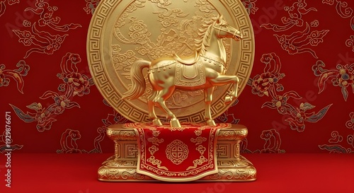 Elegant gold horse statue on ornate red pedestal with intricate designs