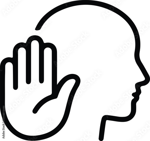 Stop harassment or abuse concept icon, outline of a human head profile with a hand raised in a stop gesture, symbol for boundaries, refusal, or no entry