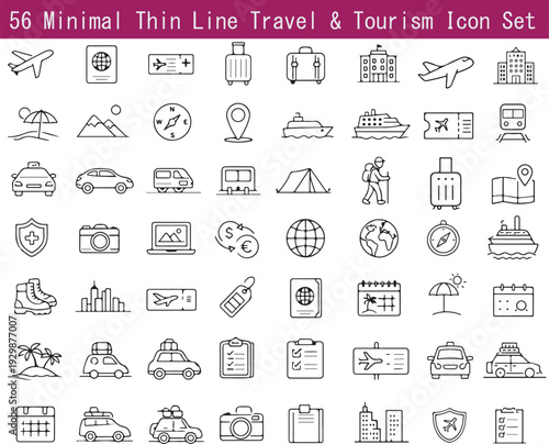 50 Travel and Tourism Minimal Thin Line Vector Icons Set – Airplane, Passport, Hotel, Map, Cruise, Camping, Transportation Collection