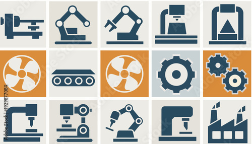 Comprehensive collection of modern industrial machinery and manufacturing process icons, depicting automation, production, and factory technology for diverse engineering and business applications
