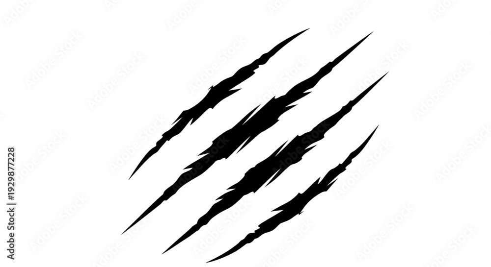 Fototapeta premium Four aggressive black claw marks or monster scratches on a white background, symbolizing attack or damage from a wild creature.