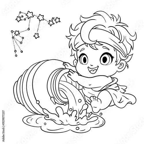 Cute Aquarius zodiac baby pouring water from jug, black and white cartoon illustration for coloring
