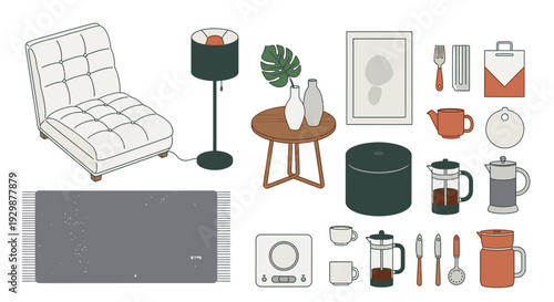 home office furniture and kitchen appliances flat lay