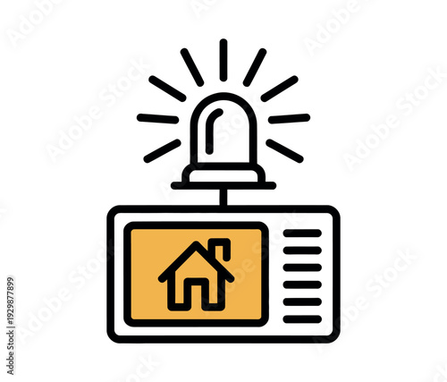 A graphic illustration of a home security alert system with a siren and a house icon on a screen