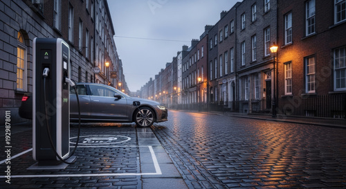 Electric Taxi Charging in a Historic Urban Street at Night