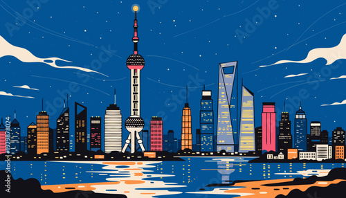 Modern Asian City Skyline at Night with Iconic Tower and Water Reflection Artistic Digital Rendering shanghai skyline vector