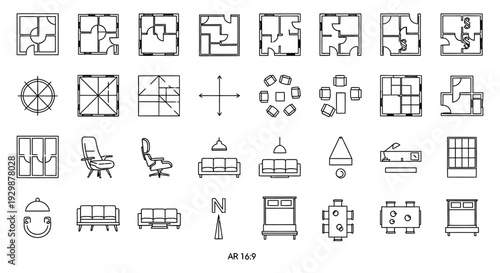 line icons of office furniture and workspace organization tools