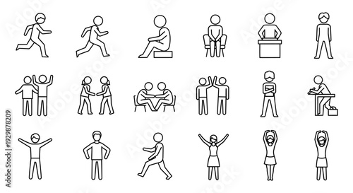 stick figures people in various poses and activities