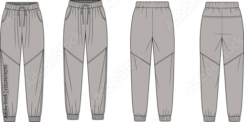 Four Gray Pants with Different and Stitching Patterns clothing fashion drawstring