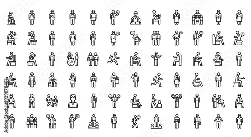 black and white icons of people with disabilities, accessibility symbols, wheelchair signs, and communication graphics