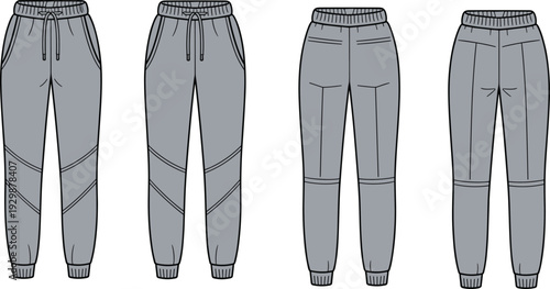 Four pairs of gray sweatpants with different styles and details shown from the front and back