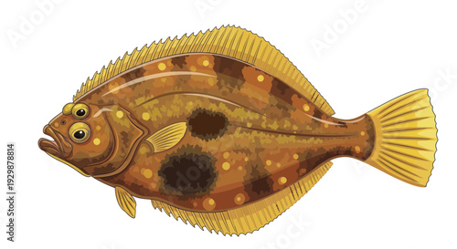 Flatfish Illustration: Detailed Flatfish with Camouflaged Skin, Isolated on White