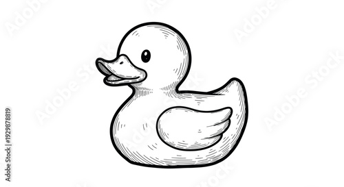 Cute Rubber Duck Sketch Drawing, Isolated on White Background