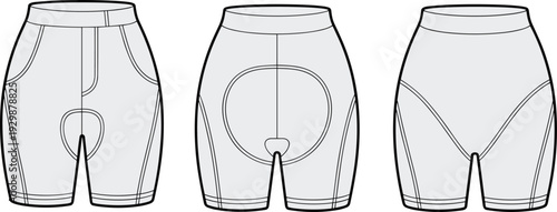 Three different styles of white cycling shorts with varying cut and seam shown from the back