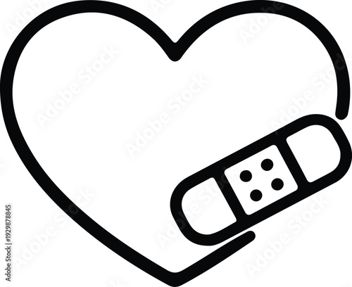 Outline icon of a heart with a bandage or plaster applied to it, symbolizing injury, healing, care, or first aid for love and emotion
