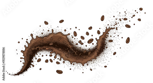 Brown Coffee Splash Wave with Beans and Splatter on White Background