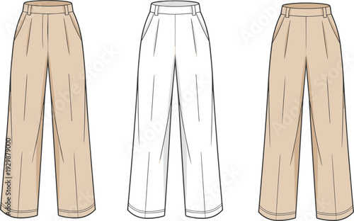 Three pairs of beige and white pants with different styles and fits clothing fashion