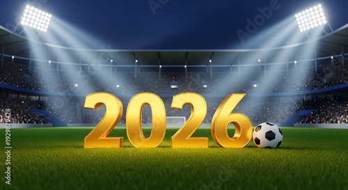 Bright stadium lights highlight the year 2026 with a soccer ball on the field