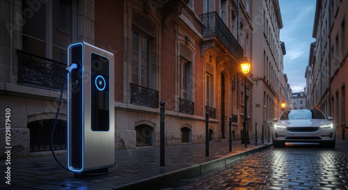 Modern Electric Vehicle Charging Station on a Wet Historic European Street at Dusk