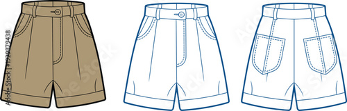 Three Short Khaki Pants with Belt Loops and Pockets in Different Outline Styles shorts brown