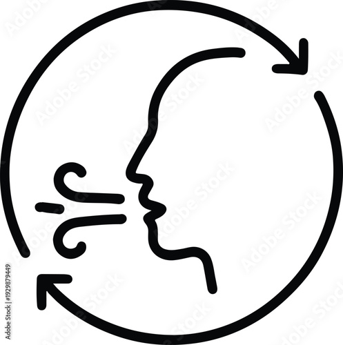 Breathing cycle icon, deep breath in and out, respiratory health and air exchange concept, simple line art illustration