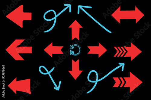Neon arrows and symbols on black background