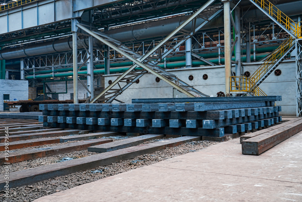 Naklejka premium The steel billets in the rolling mill are neatly arranged together