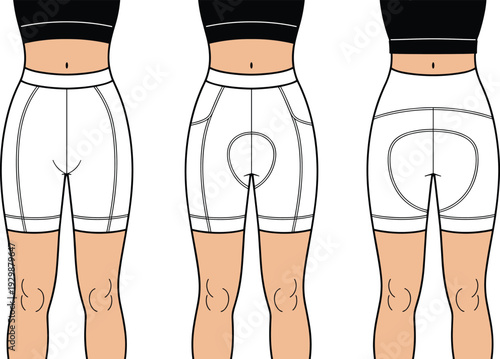 Three women wearing different styles of white shorts with black tops standing side by side